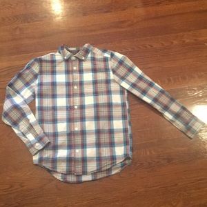 Plaid blue red gray and white button down